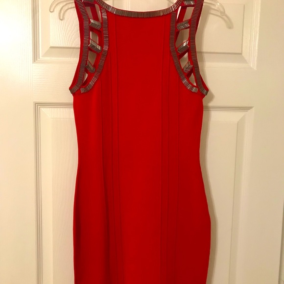 2 Bebe New Gorgeous Red Knit Dress with Cut-Out around Neckline w/ Jet Beading - Picture 5 of 9